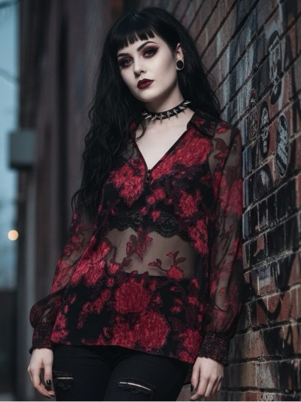 Velvet Burnout Black Sheer Women’s Blouse with muted Red Floral Romantic goth M